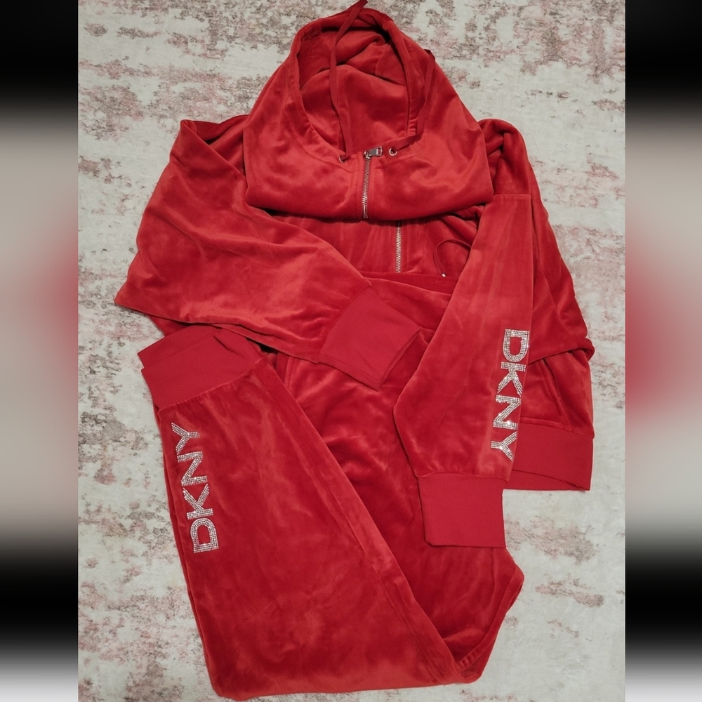 DKNY Red Velour Hoodie Jogger Set